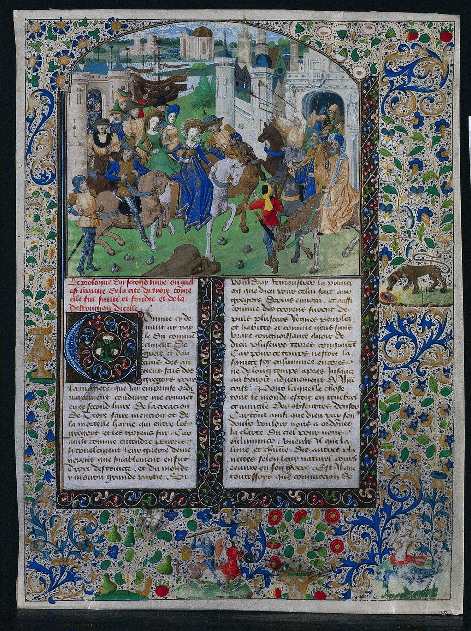 Blad fra Jehan de Courcys Universal Chronicle: King Priam Meets Helen and Paris..., ca. 1470. av Unbekannt