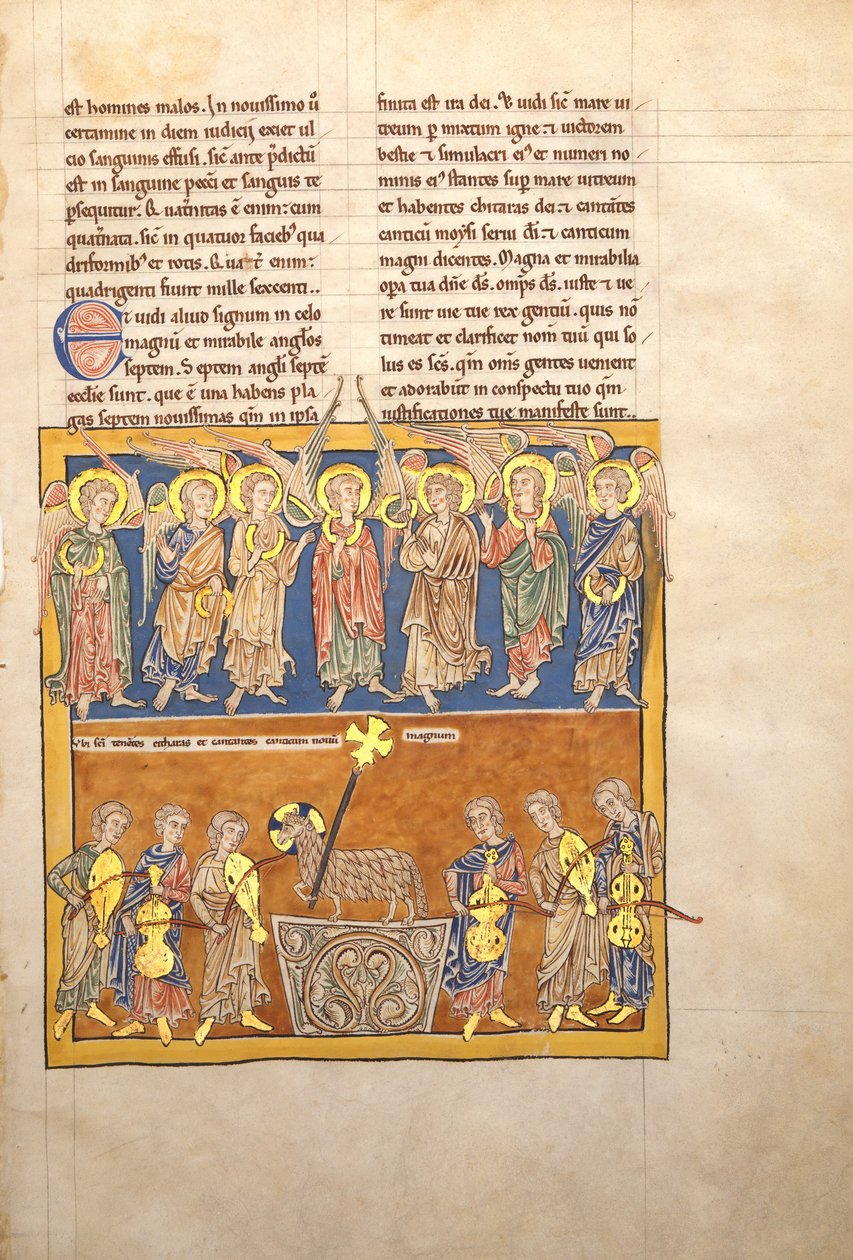 Blad fra et Beatus-manuskript: Syv engler holder koppene til de syv siste plager..., ca. 1180. av Unbekannt