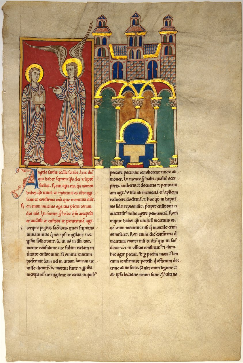 Blad fra et Beatus-manuskript: Engelen fra Sardis-kirken med Johannes, ca. 1180. av Unbekannt