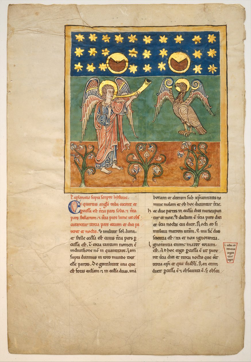 Blad fra et Beatus-manuskript: den fjerde engelen lyder trompeten og en ørn..., ca. 1180. av Unbekannt