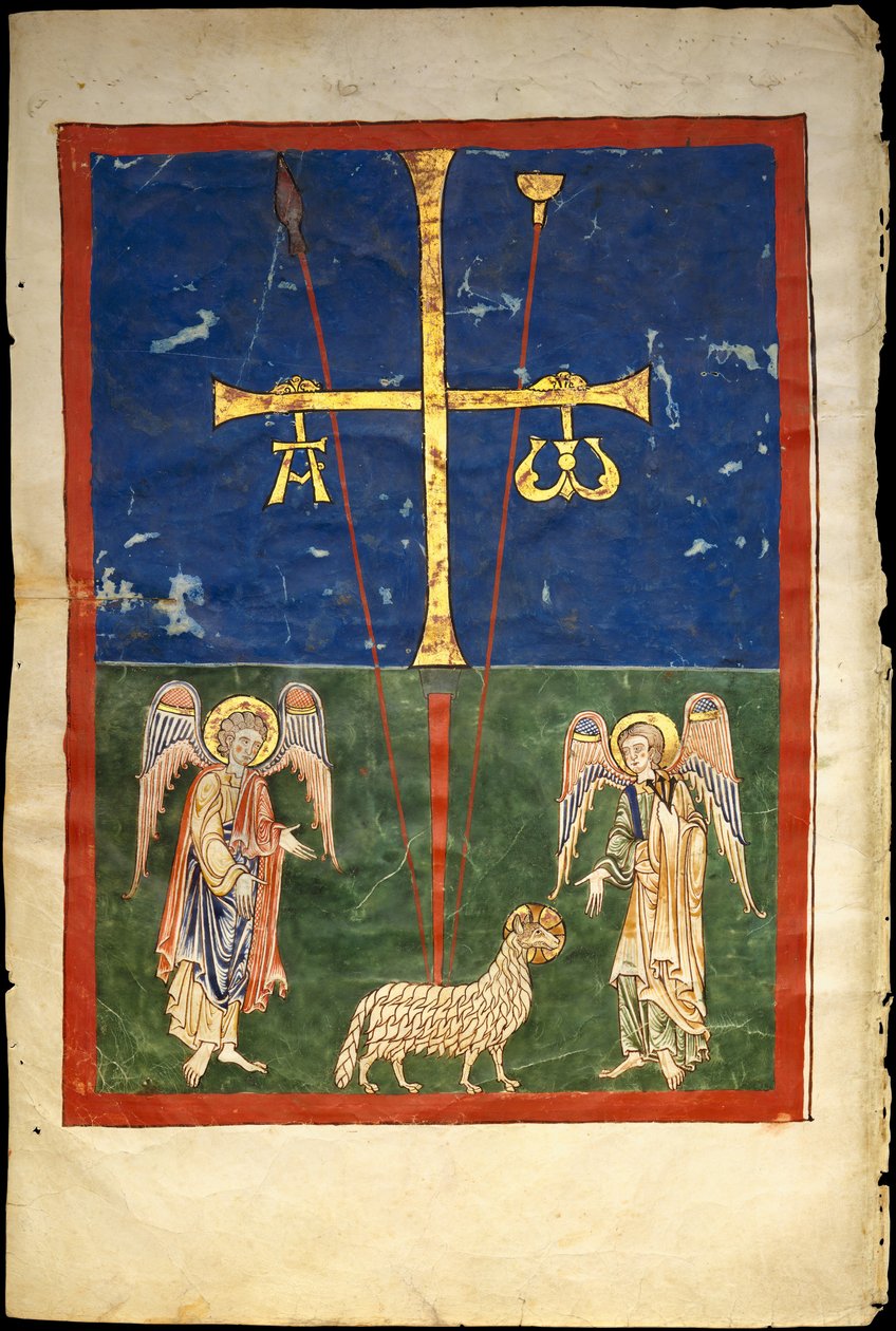 Blad fra et Beatus-manuskript: Lammet ved foten av korset, flankert av to engler..., c1180. av Unbekannt