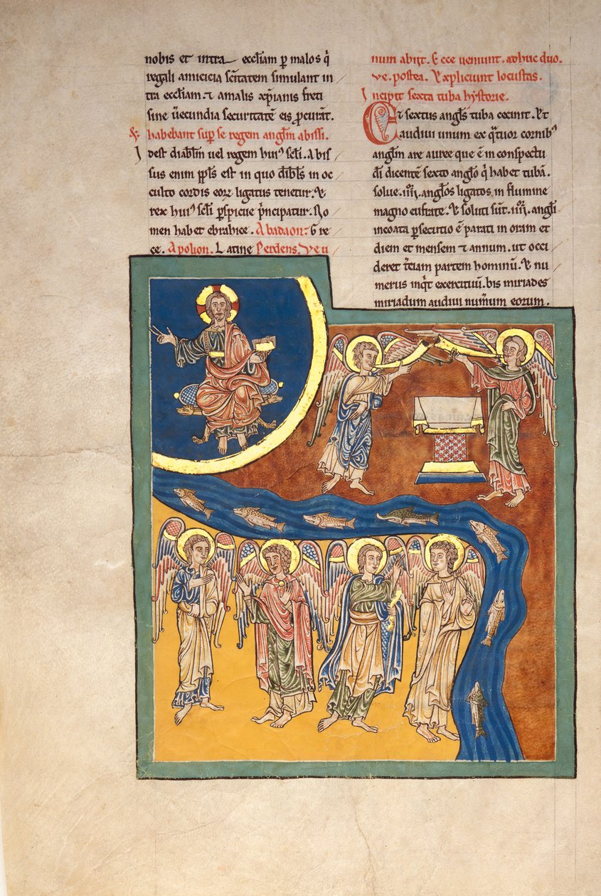 Blad fra et Beatus-manuskript: den sjette engelen leverer de fire englene..., ca. 1180. av Unbekannt