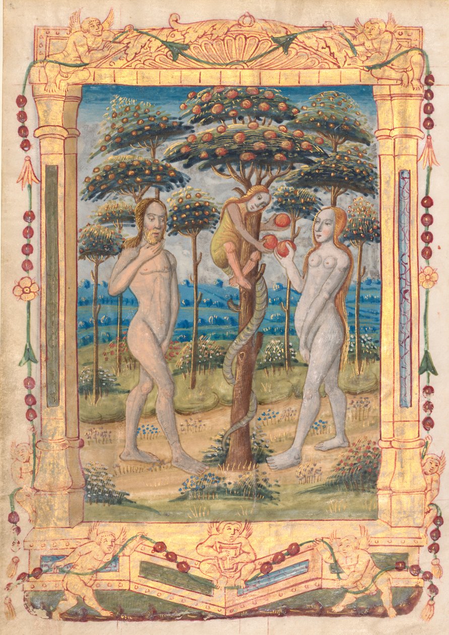 Blad fra en timebok: Adam og Eva og menneskets fall recto..., ca. 1510. av Unbekannt