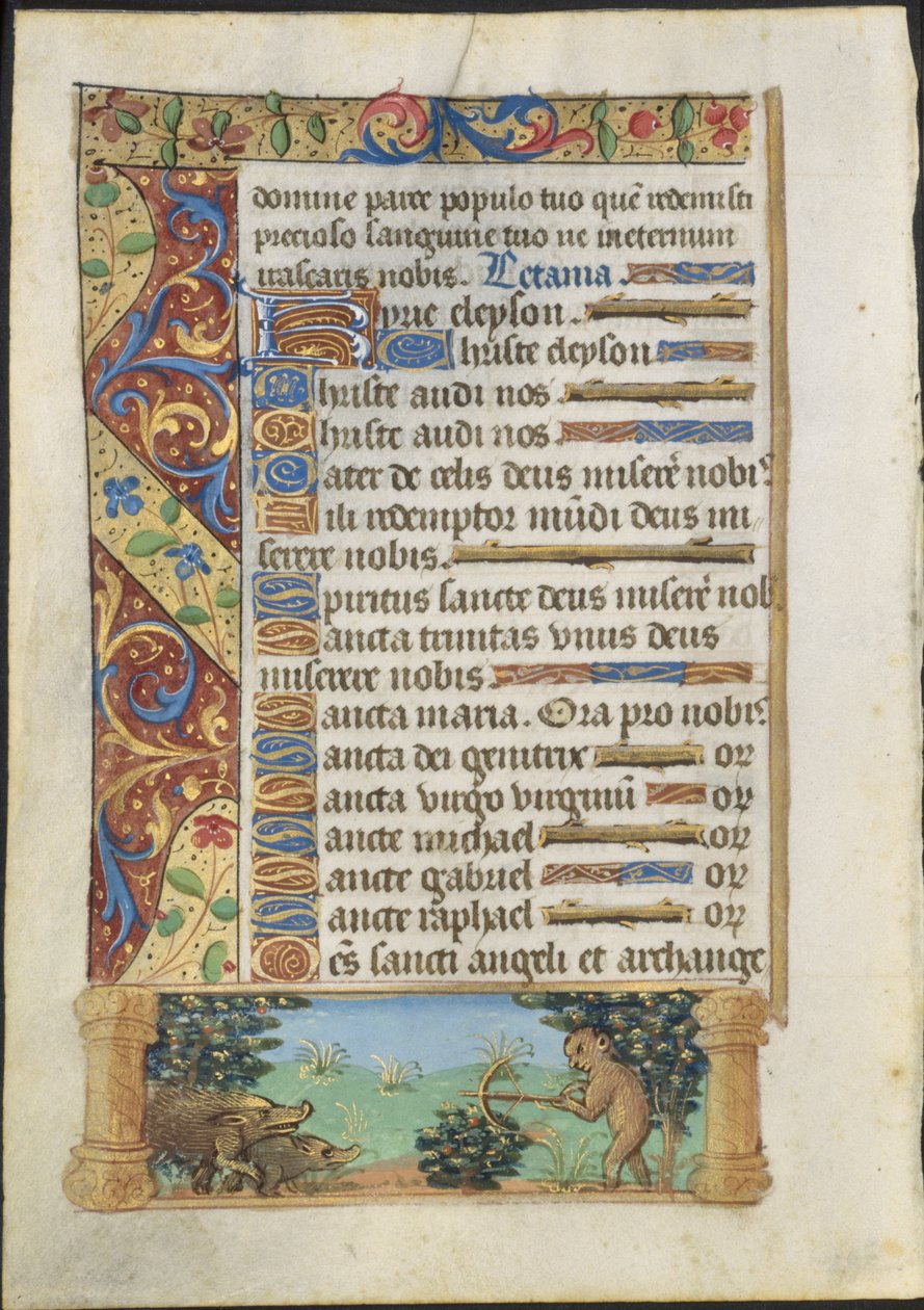 Blad fra en timebok: Apejakt på villsvin, ca. 1500-1510. av Unbekannt