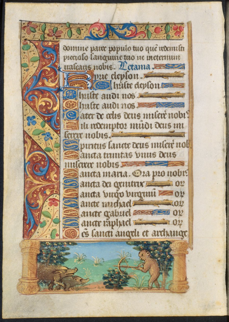Leaf from a Book of Hours: Ape Hunting Wild Boars recto and Ape Fishing verso , ca. 1500-1510. av Unbekannt