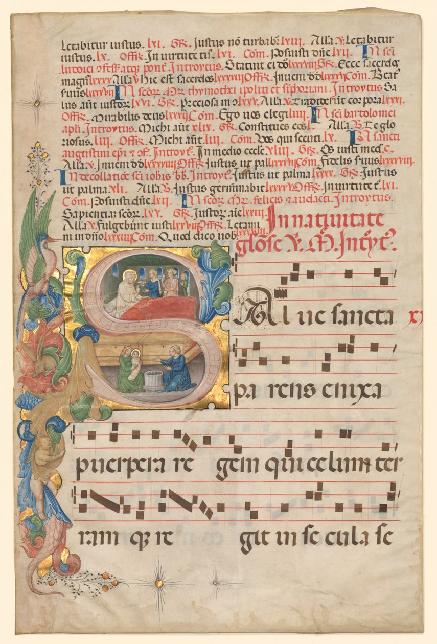 Leaf from a Gradual: Historiated Initial S[alve Sancta Parens] with Birth of the Virgin recto, ca. av Unbekannt
