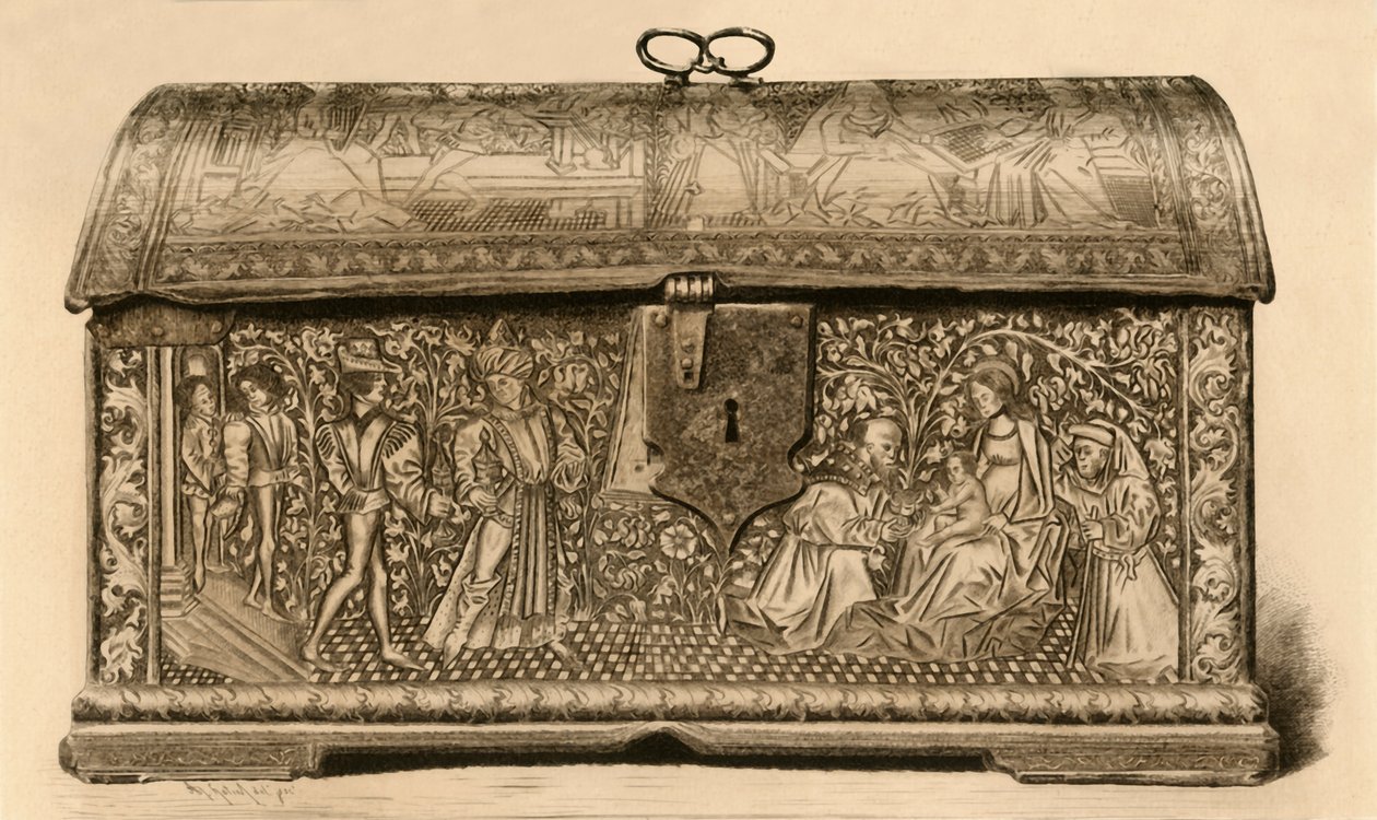 Skinnkiste med innskåret dekor, 1400-tallet, 1903. av Unbekannt