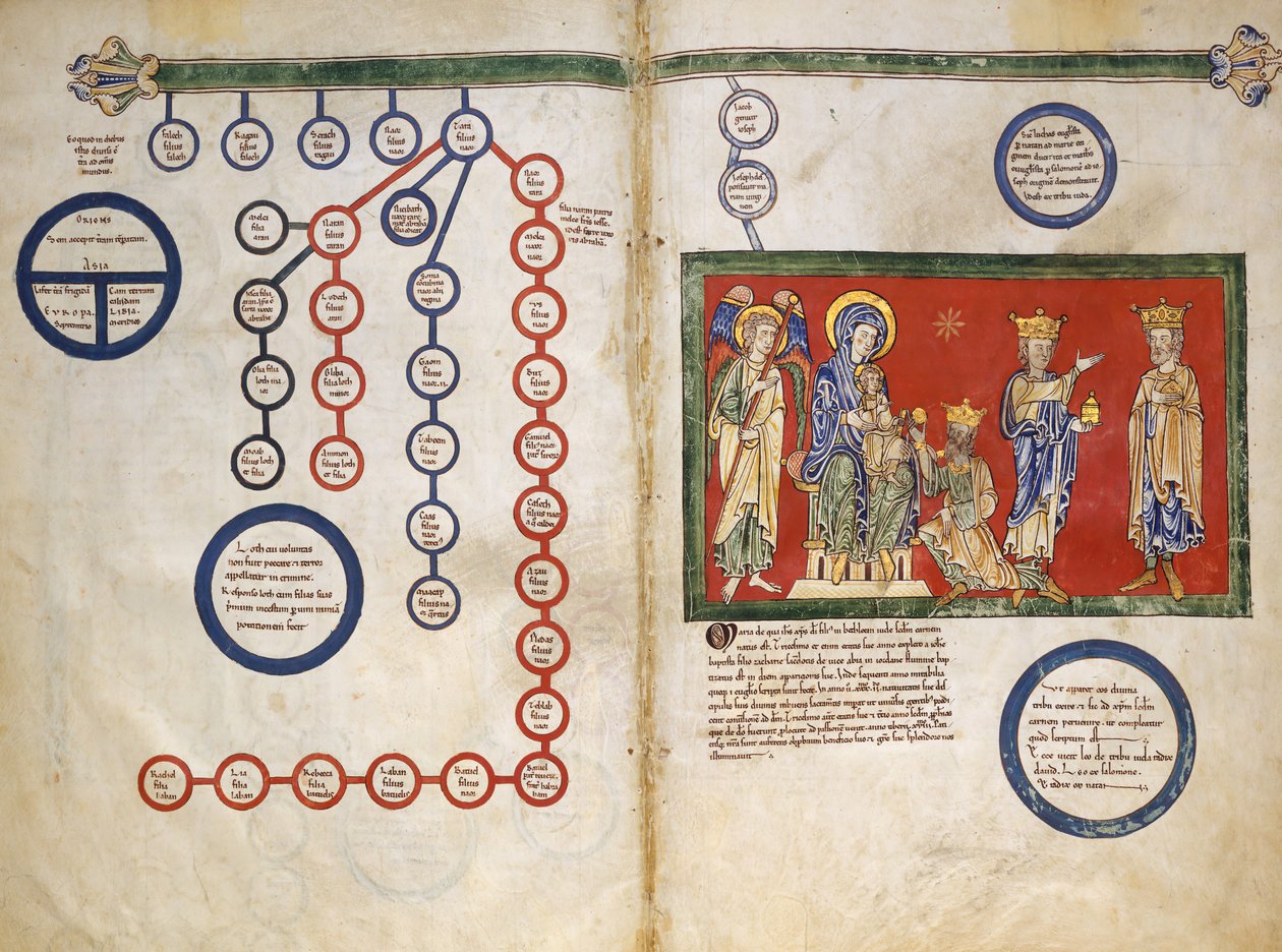 Blader fra et Beatus-manuskript: Bifolium med en del av Kristi slektsforskning...ca. 1180. av Unbekannt