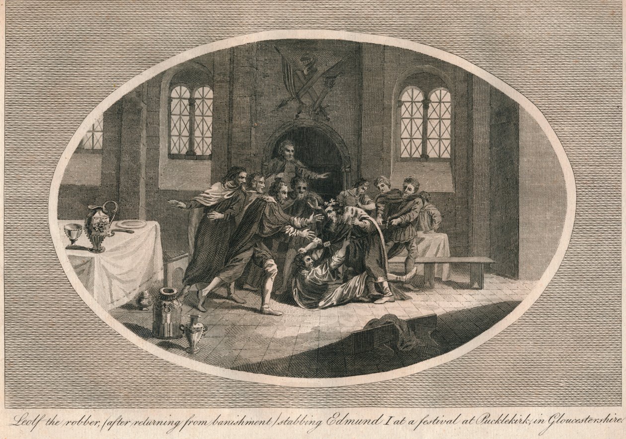 Raneren Leofa knivstukket Edmund I på en festival i Pucklekirk, Gloucestershire 946 1793 av Unbekannt