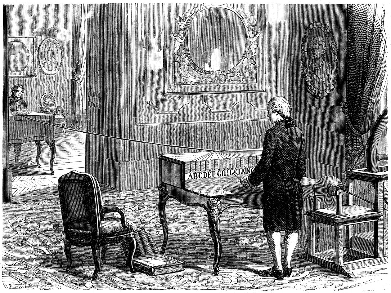 Lesage eksperimenterer med den første elektriske telegrafen, Genève, 1774 c1870 av Unbekannt