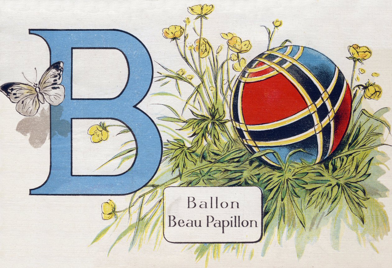 Bokstav B: Ballong og vakker sommerfugl. Gravering i "ABC L