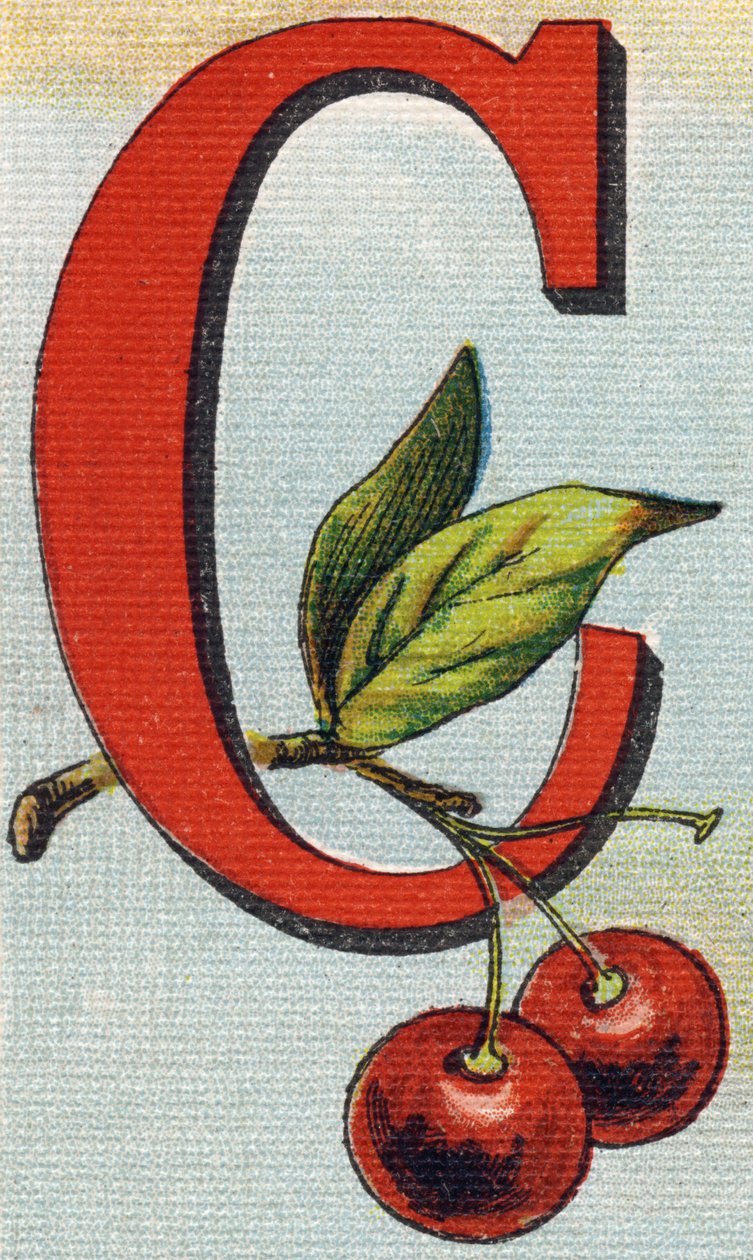 Bokstav C: kirsebær. Gravering i "Alphabet de ma petite fille". Bernardin-Bechet og Fils, bokhandler-forlag, Paris, rundt 1895. Ubrytelig album på lerret. Bibliotheque des Bebes. 12 sider. Album som inneholder en lesemetode og en illustrerende abbece av Unbekannt