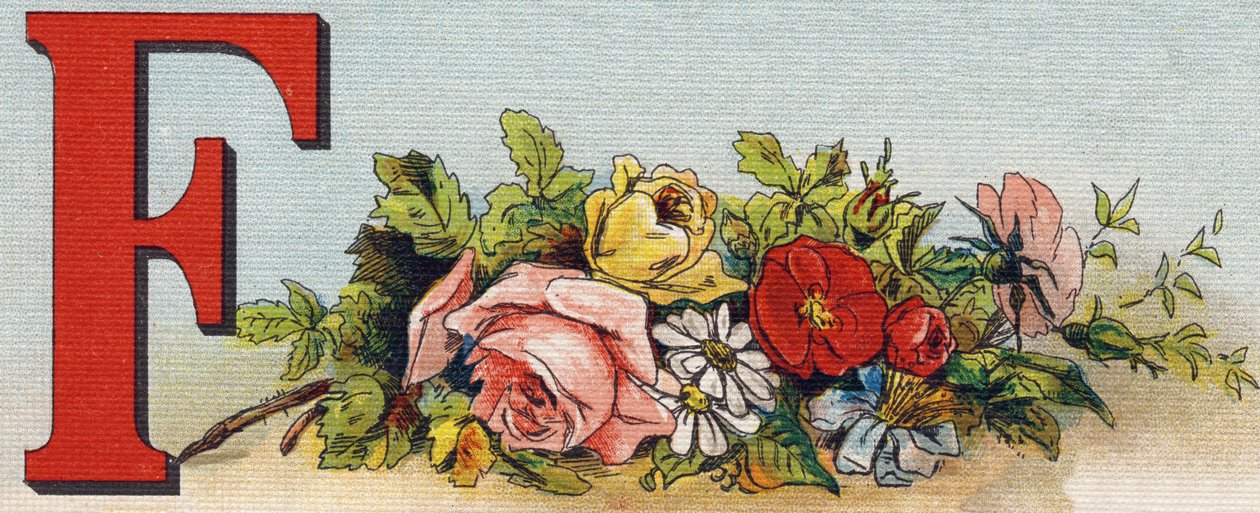 Bokstav F: blomster. Gravering i "Alphabet de ma petite fille". Bernardin-Bechet og Fils, bokhandler-forlag, Paris, rundt 1895. Ubrytelig album på lerret. Bibliotheque des Bebes. 12 sider. Album som inneholder en lesemetode og en illustrativ abeced av Unbekannt