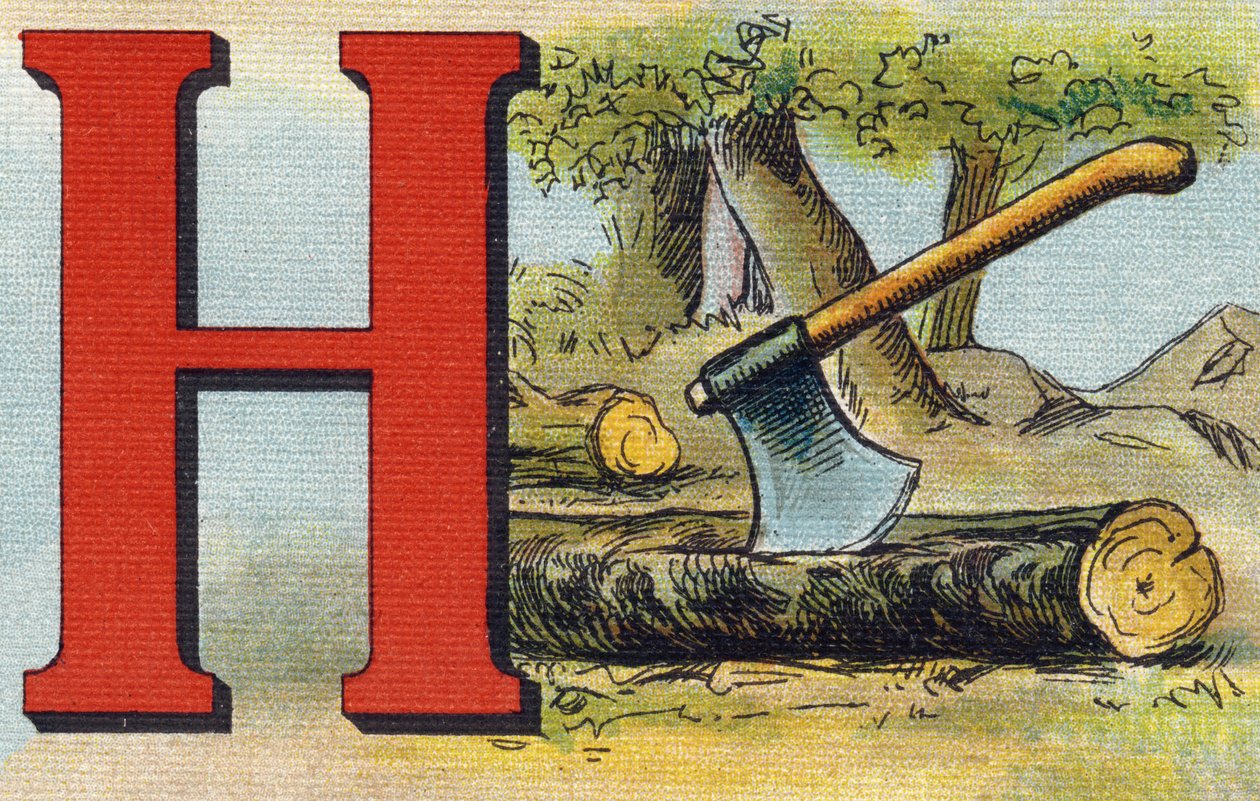 Bokstav H: øks. Gravering i "Alphabet de ma petite fille". Bernardin-Bechet og Fils, bokhandler-forlag, Paris, rundt 1895. Ubrytelig album på lerret. Bibliotheque des Bebes. 12 sider. Album som inneholder en lesemetode og et illustrerende abecedary. av Unbekannt