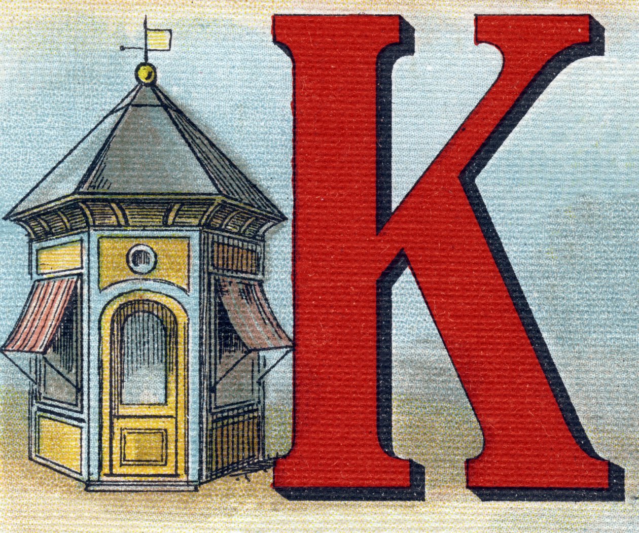Bokstav K: kiosk. Gravering i "Alphabet de ma petite fille". Bernardin-Bechet og Fils, bokhandler-forlag, Paris, rundt 1895. Ubrytelig album på lerret. Bibliotheque des Bebes. 12 sider. Album som inneholder en lesemetode og en illustrerende abecedar av Unbekannt