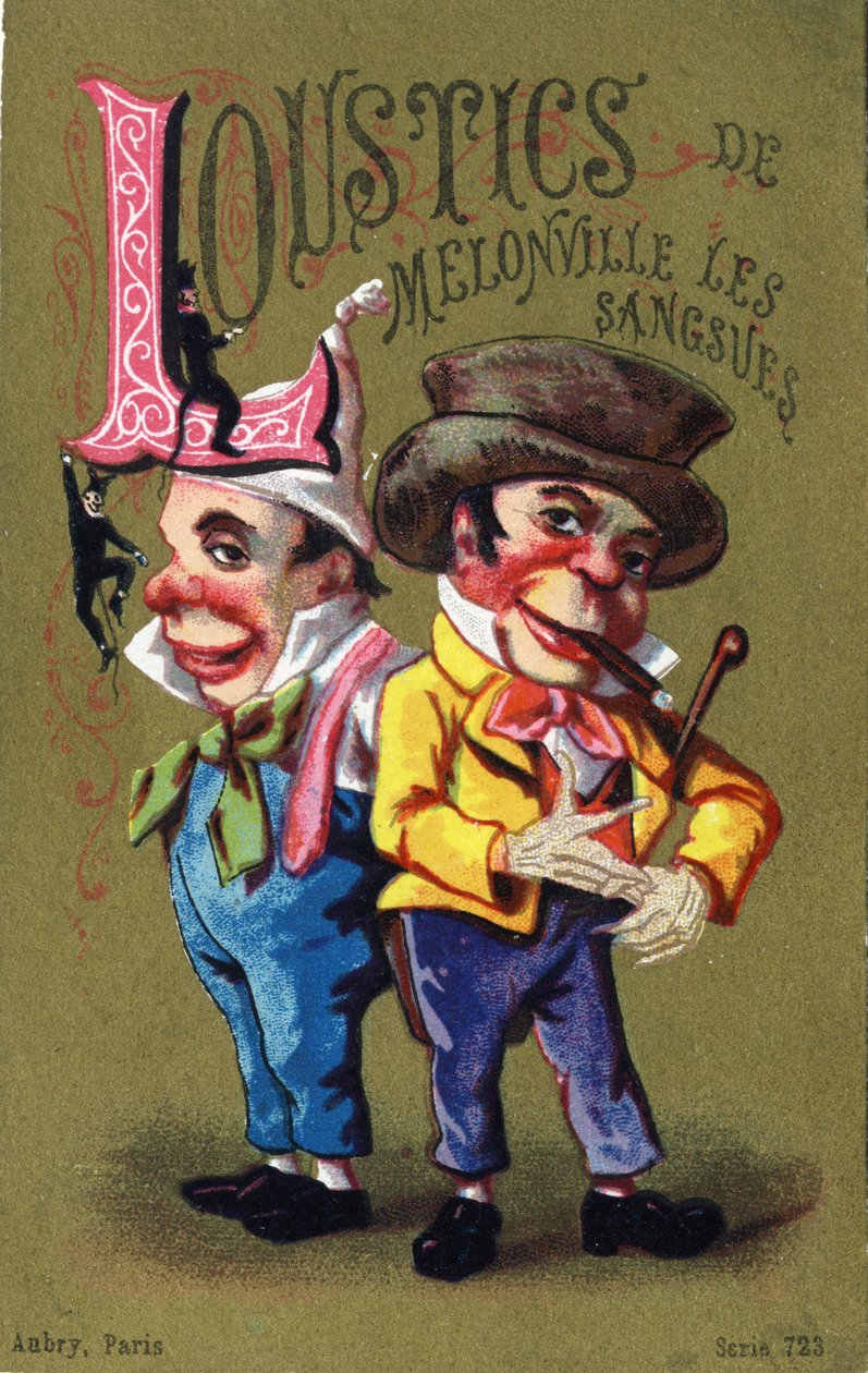 Bokstav L: Melonville Loustics igler. Gravering i "Alphabet des grotesques"". Serie med 25 reklamekromolitografier på en dore bakgrunn, sent på 1800-tallet. Mål: 11x7 cm av Unbekannt