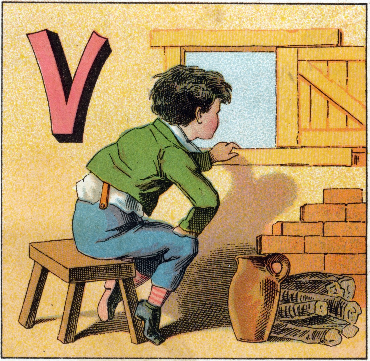Bokstav V som vasistas. Nysgjerrig barn ser ut av et vindu. Gravering i "Alphabet des petits ecoliers". Avbildning av Epinal, ca. 1885. Privee Collection av Unbekannt