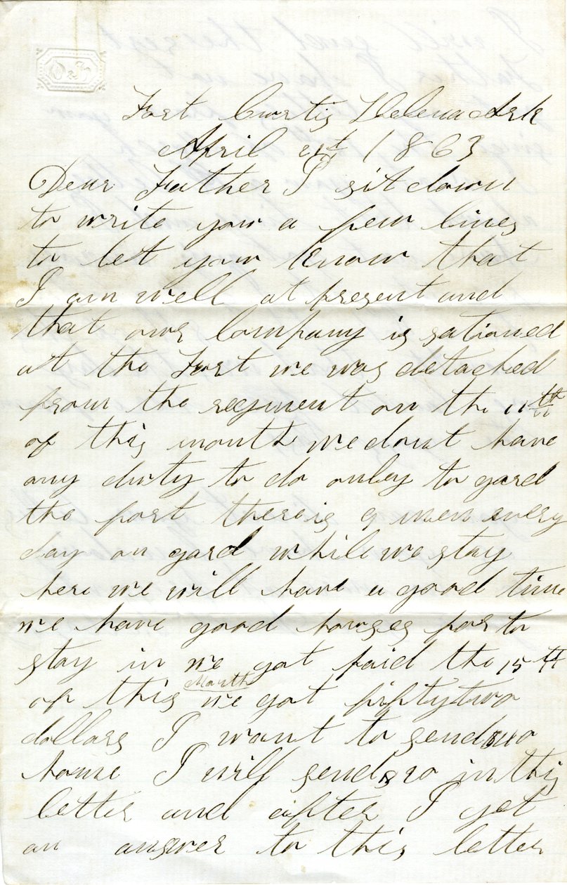 Brev signert David T. Massey, Fort Curtis, Helena, Ark., til sin far (Nathan Massey), 21. april 1863 av Unbekannt