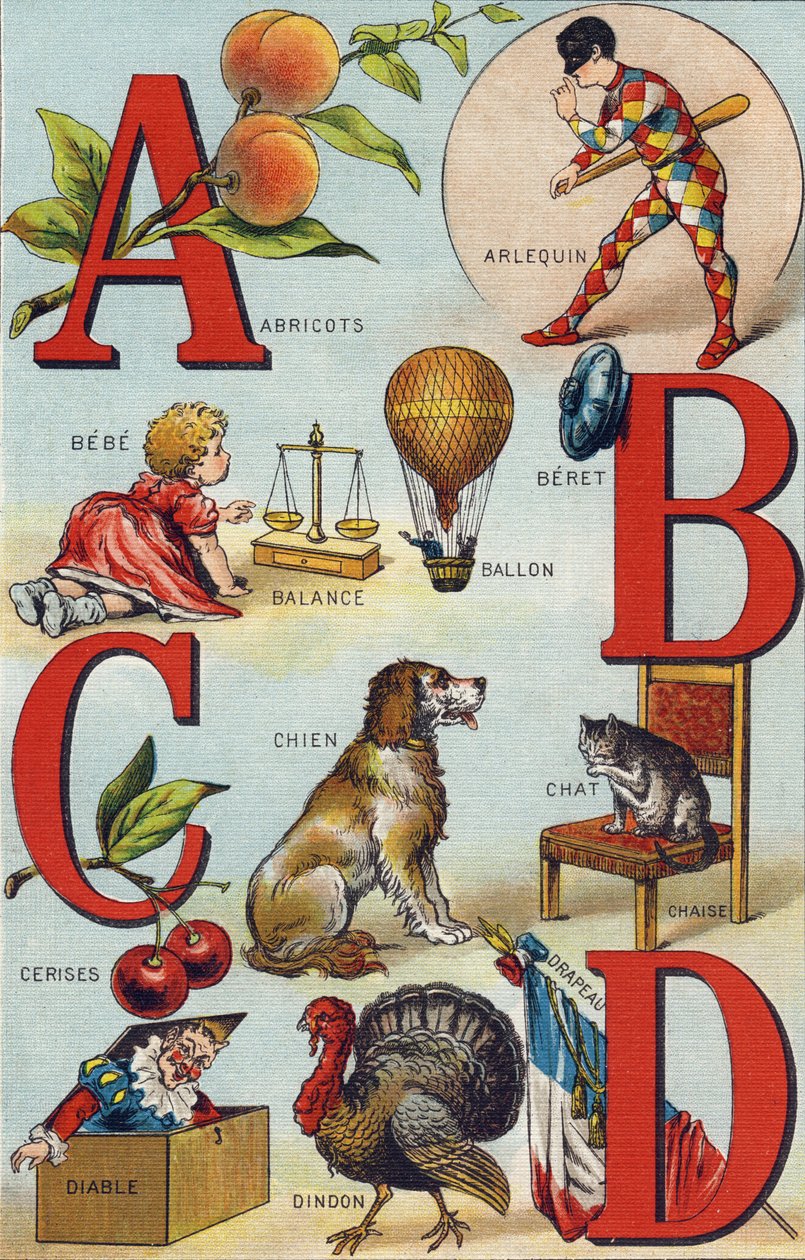 Bokstavene A B C D; aprikoser; Harlekin; Balansere; Ballong; Bebe; Kirsebær; Cat stol; Hund; Teppe; Djevel; Tyrkia; Flagg. Gravering i "Alphabet de ma petite fille". Bernardin-Bechet og Fils, bokhandler-forlag, Paris, rundt 1895. Uknuselig album på boks av Unbekannt
