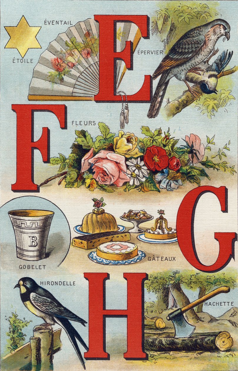 Bokstavene E F G H; Svelge; Fan; Blomster; Kaker; Kopp; Hachette; Svelge. Gravering i "Alphabet de ma petite fille". Bernardin-Bechet og Fils, bokhandler-forlag, Paris, rundt 1895. Ubrytelig album på lerret. Bibliotheque des Bebes. 12 sider. Album co av Unbekannt