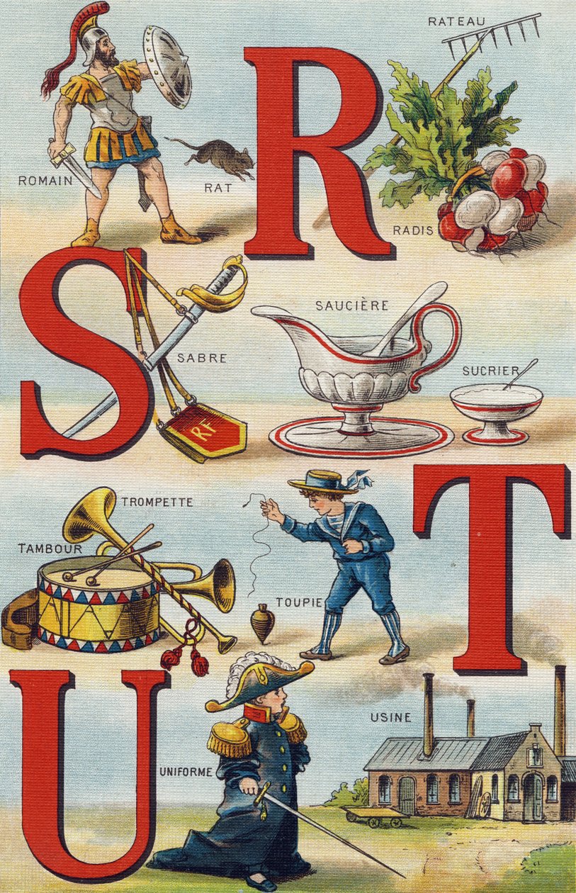 Bokstaver R S T U; reddik rake; romersk; Sabel; Sauciere sukker; trompet tromme; Topp; Uniform; Fabrikk. Gravering i "Alphabet de ma petite fille". Bernardin-Bechet og Fils, bokhandler-forlag, Paris, rundt 1895. Ubrytelig album på lerret. Bibliotheque des av Unbekannt