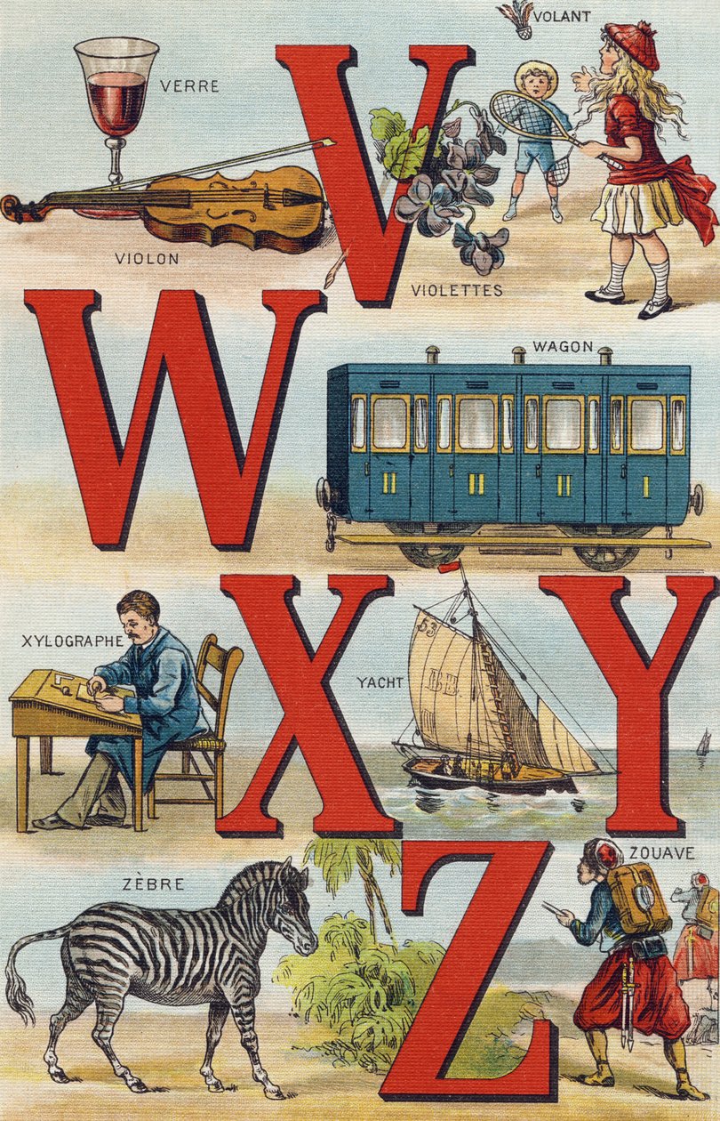 Bokstavene V W X Y Z; ratt; Bil; Xylograph; Yacht; Sebra; Zouave. Gravering i "Min barnebarns alfabet". Bernardin-Bechet og Fils, bokhandler-forlag, Paris, rundt 1895. Ubrytelig album på lerret. Babybibliotek. 12 sider. Albu av Unbekannt