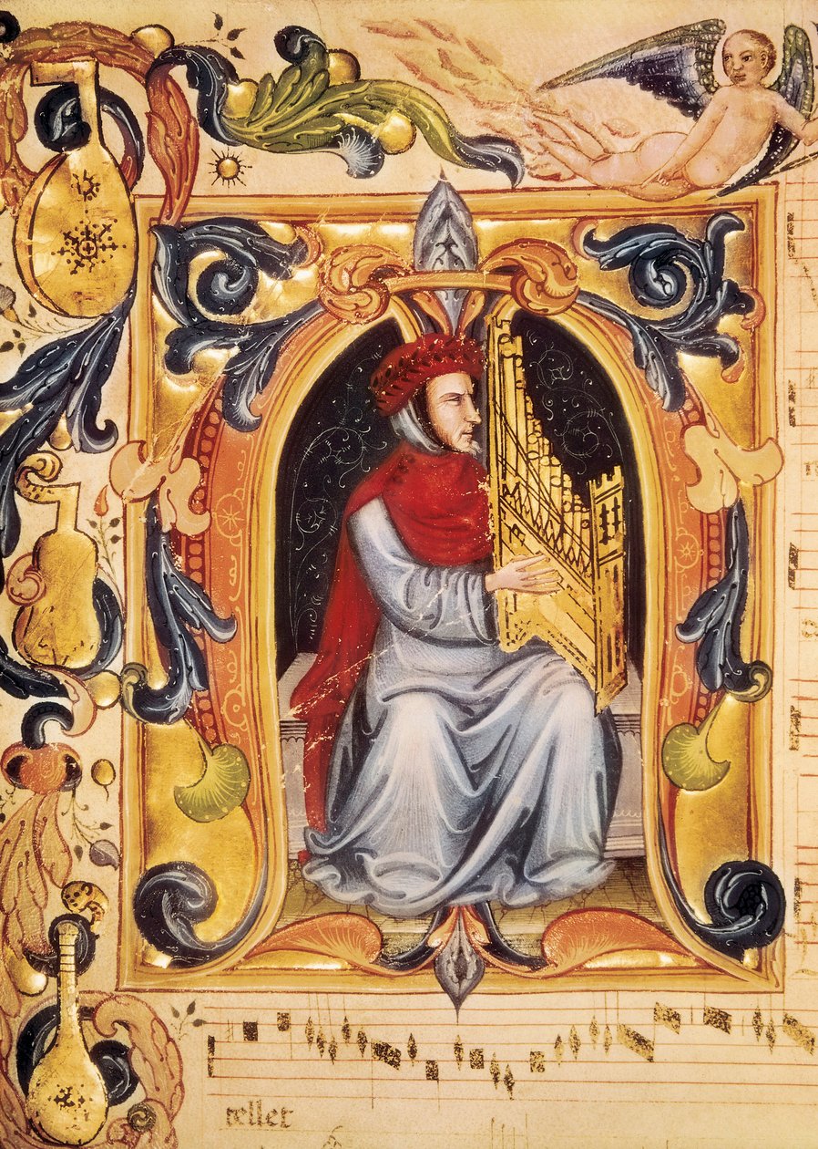 Lettrine med en mann og et orgel som begynner på et partitur fra Codex Squarcialupi (av Antonio Squarcialupi av Unbekannt
