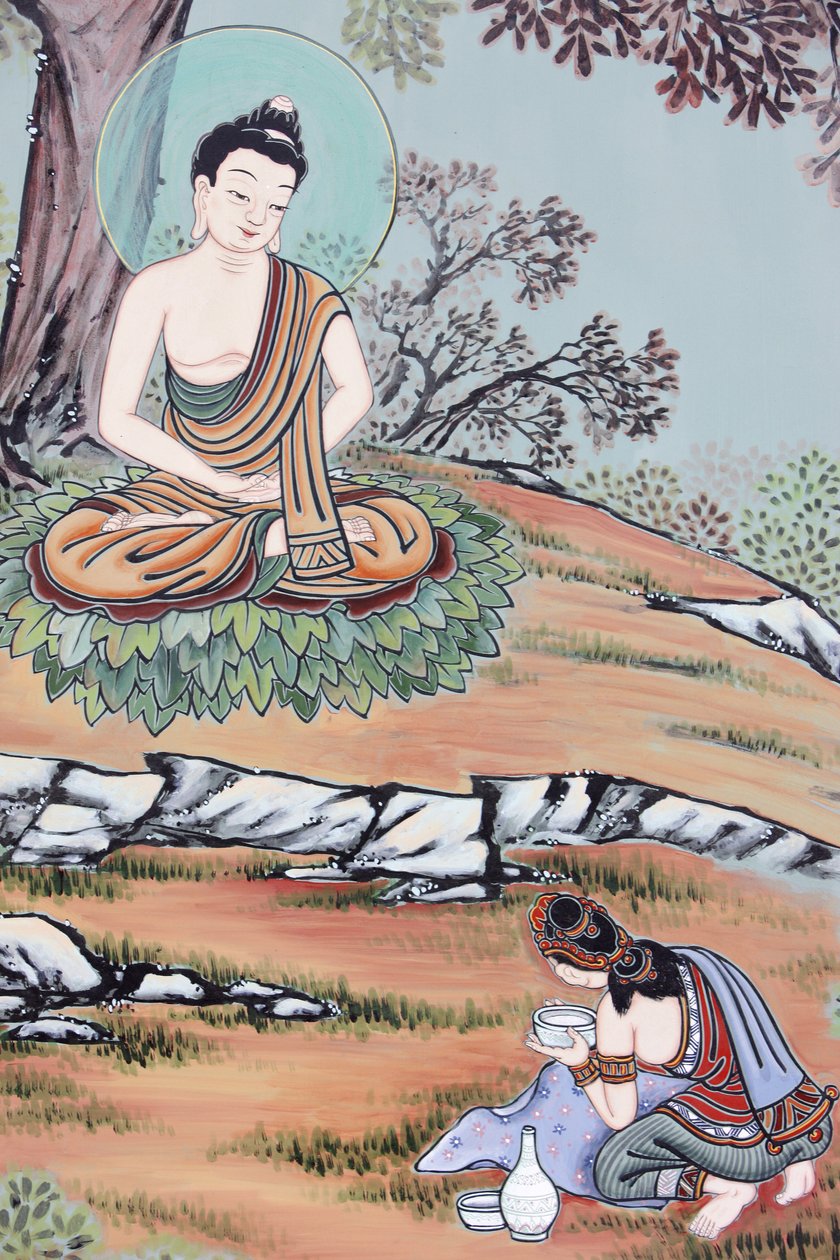 Life of BuddhaEn ung kvinne tilbød den fremtidige Buddha en skål med ris og melk. Han tok imot den, gjenopprettet sin styrke og begynte sin praksis på nytt, Seoul, Coree du Sud av Unbekannt