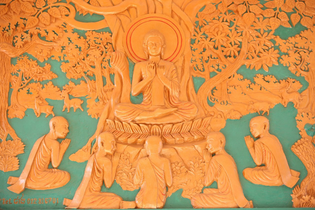 Buddhas liv. Buddha med sine 5 disipler i Benares Phnom Penh Kambodsja av Unbekannt
