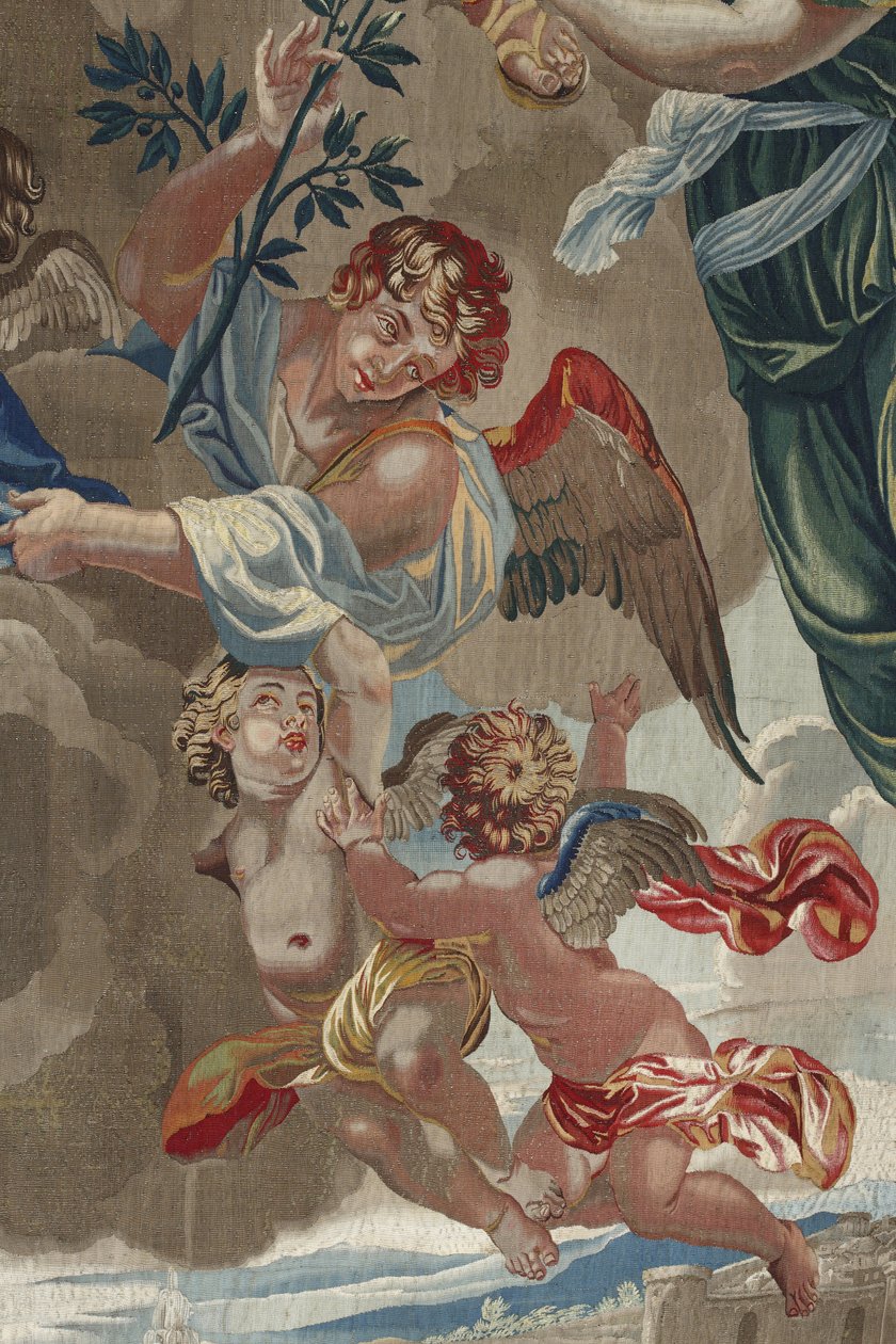 Jomfruens liv: "Jomfruens kroning"" (Jomfruens kroning) Detalj av engler Tapetet av ull og silke laget i verkstedet til Pierre Damour fra tegningene til Charles Poerson (1609-1667) av Unbekannt