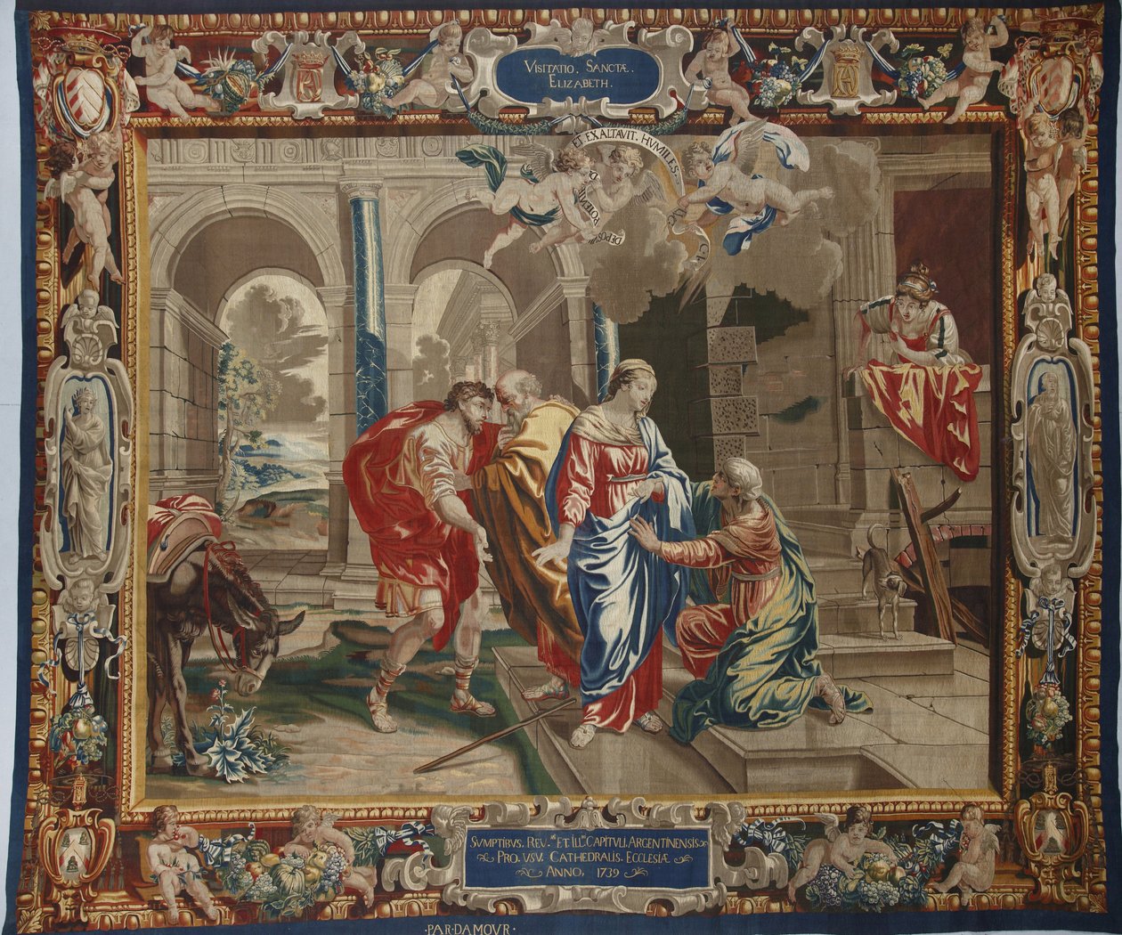 Jomfruens liv: "The Visitation"" besøket av Maria til Elisabeth, Joseph og Zacharie bak dem - Ull- og silketeppe laget i verkstedet til Pierre Damour etter Charles Poersons tegninger (1609-1667) av Unbekannt