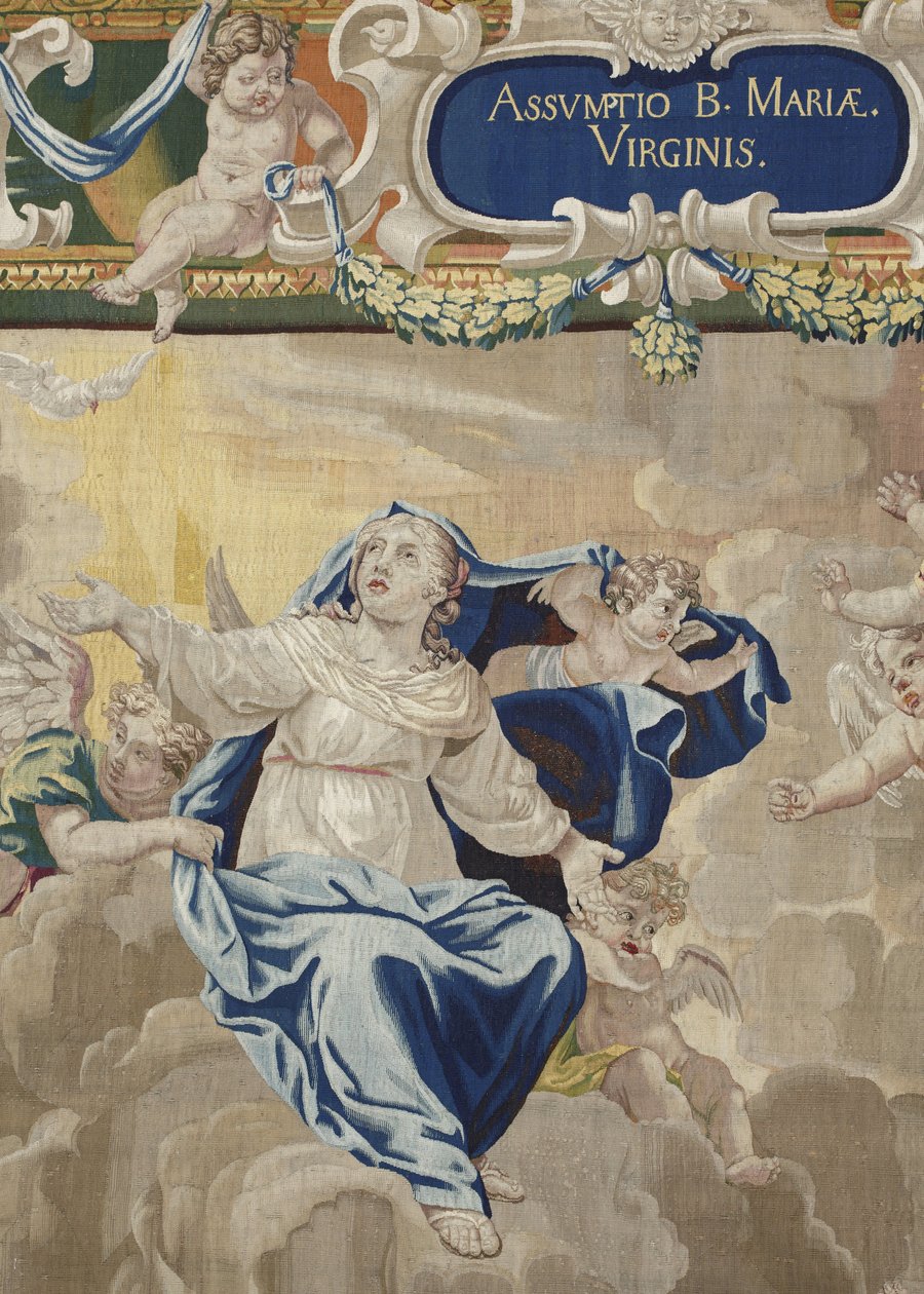 Jomfruens liv: "" antagelsen" (The Assumption) Detaljteppe av ull og silke laget i verkstedet til Pierre Damour etter tegningene til Charles Poerson (1609-1667) av Unbekannt