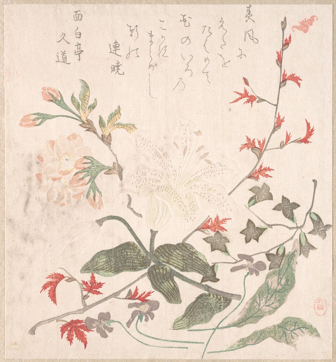 Lilje, fioler, kirsebærblomster, Forsythia og en gren av rød lønn, 1700-1800-tallet. av Unbekannt