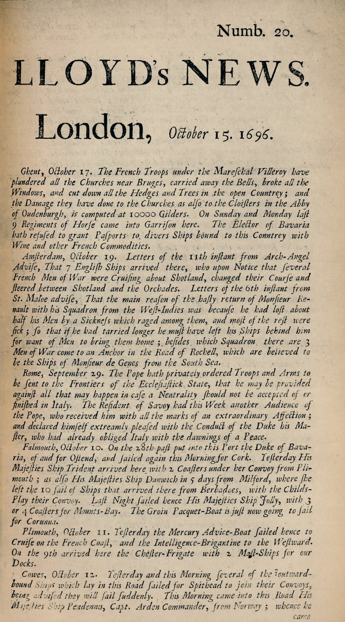 Lloyds Nyheter. London, 15. oktober 1696 - Numb. 20, 1928 av Unbekannt