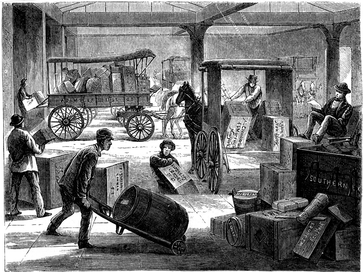 Laster opp hestetrukne varebiler på Wells Fargo generalkontor, New York, USA, 1875 av Unbekannt