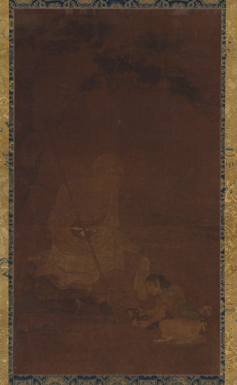 Lohan sittende, en ledsager knelende foran ham, Yuan eller Ming-dynastiet, 1279-1644. av Unbekannt