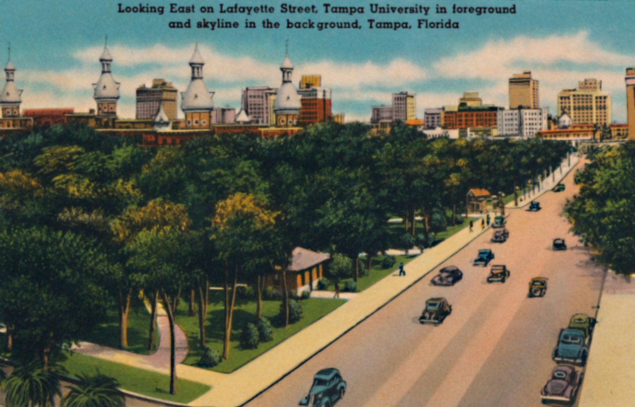 Ser østover på Lafayette Street, Tampa University og skyline, Tampa, Florida, c1940-tallet av Unbekannt