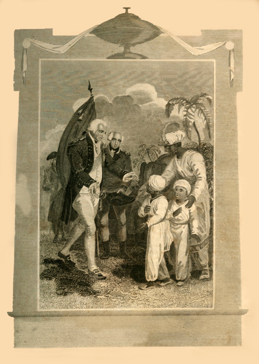Lord Cornwallis mottar sønnene til Tippoo Saib, ca 1780-tallet, 1816. av Unbekannt