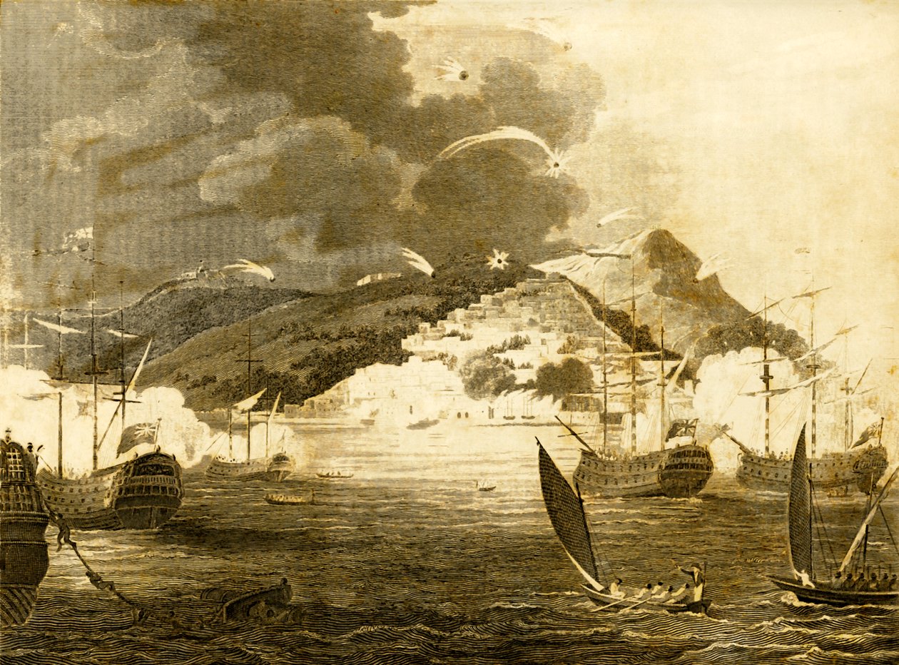Lord Exmouths flåte bombarderer byen Alger, 1816. av Unbekannt