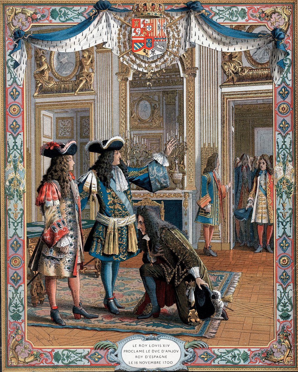 Ludvig XIV utropte hertug dAnjou til konge av Spania, arvefølgekrig, 1700 1800-tallet av Unbekannt