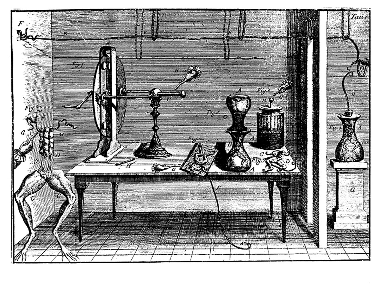 Luigi Galvanis eksperimenterer med elektrisitet, 1791 av Unbekannt