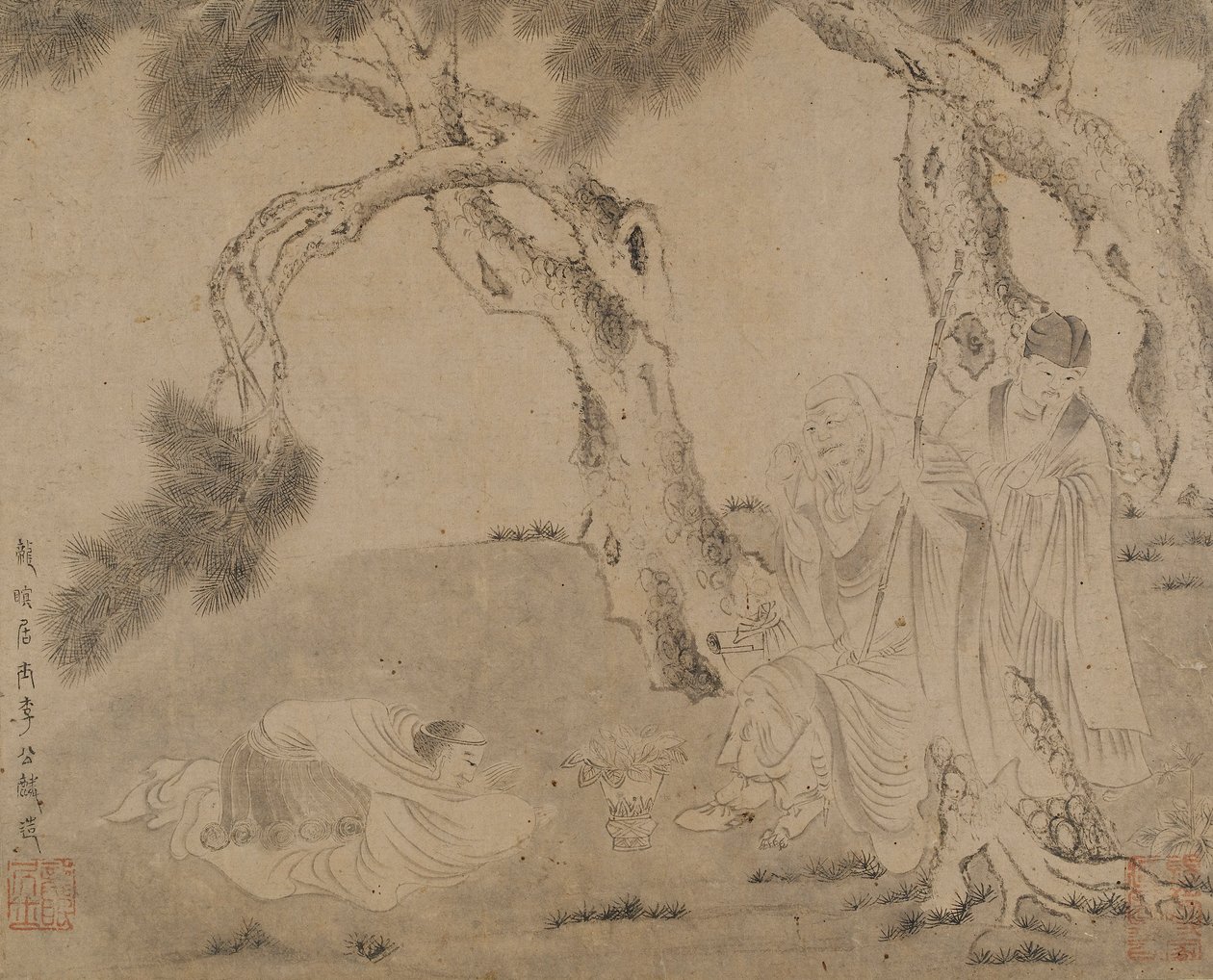 Luohan, ledsager og tilbeder under furutrær, Yuan- eller Ming-dynastiet, 1279-1644. av Unbekannt