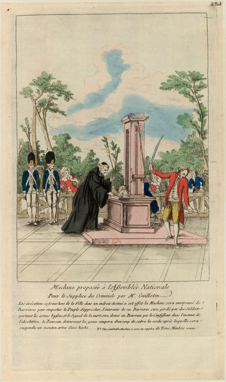 Maskin foreslått for nasjonalforsamlingen for tortur av kriminelle av Mr. Guillotin, ca. 1790. av Unbekannt
