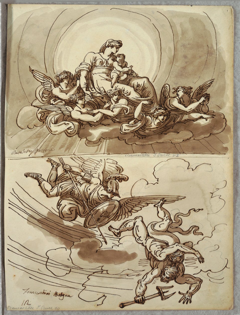Madonna og Child in Glory, Study after Mastelletta; Angel Gabriel Driving Lucifer from Heaven, Study after Marcantonio Franceschini av Unbekannt