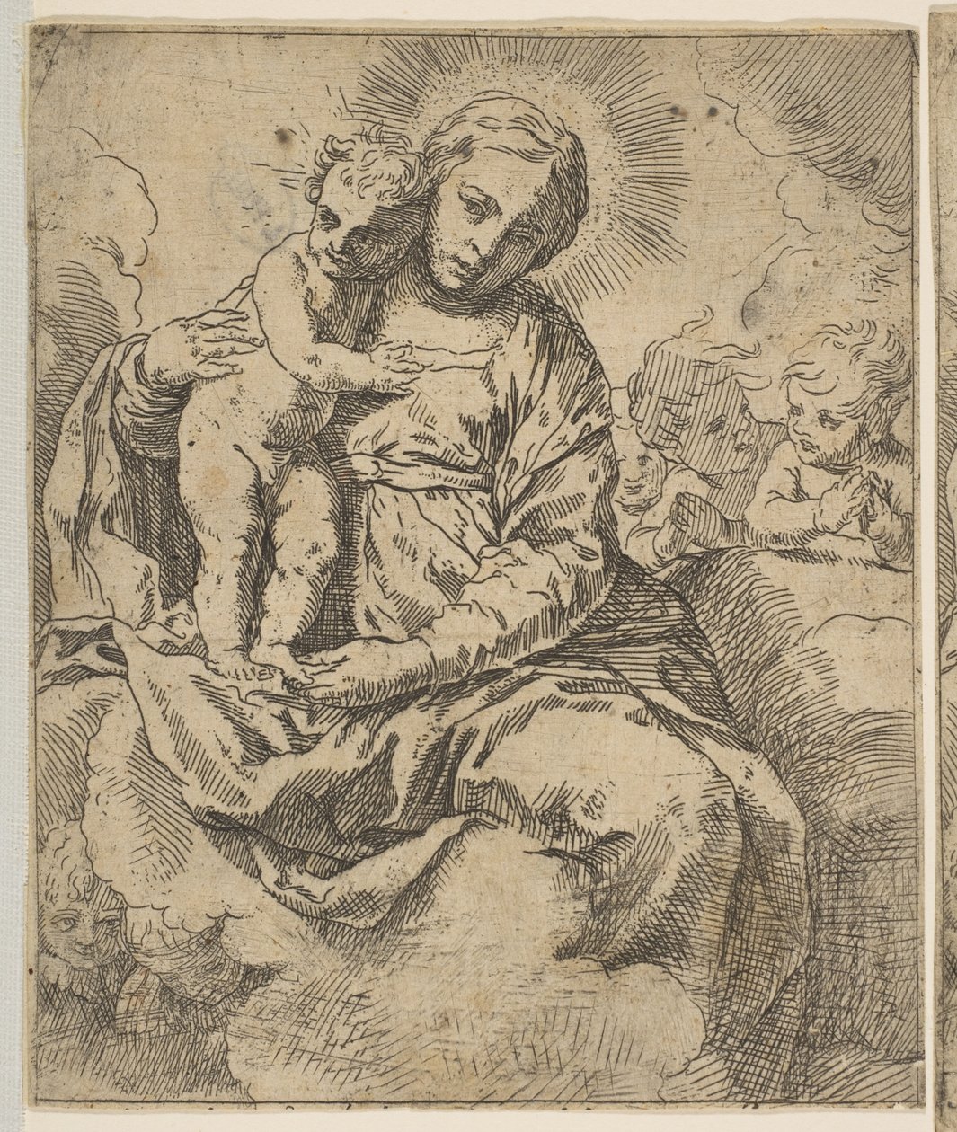 Madonna og barn sittende på skyer og omgitt av engler, kopier i revers a..., ca.1639 eller senere. av Unbekannt