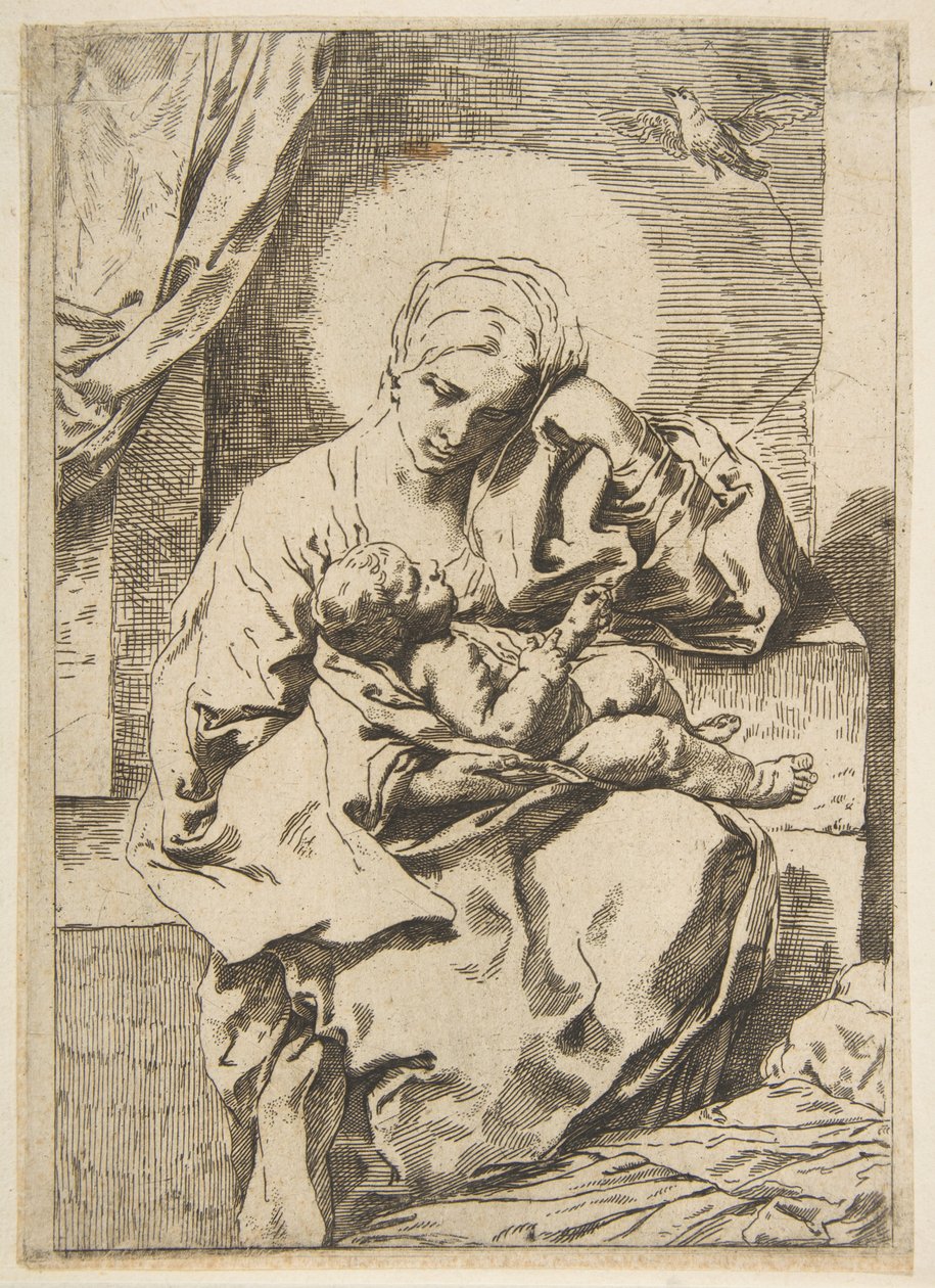 Madonna og barn med en fugl, kopi i revers etter Cantarini, ca. 1635-1636 eller senere. av Unbekannt