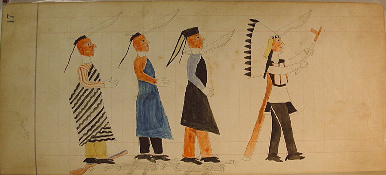 Maffet Ledger: Tre indianere som følger en høvding, ca. 1874-81. av Unbekannt