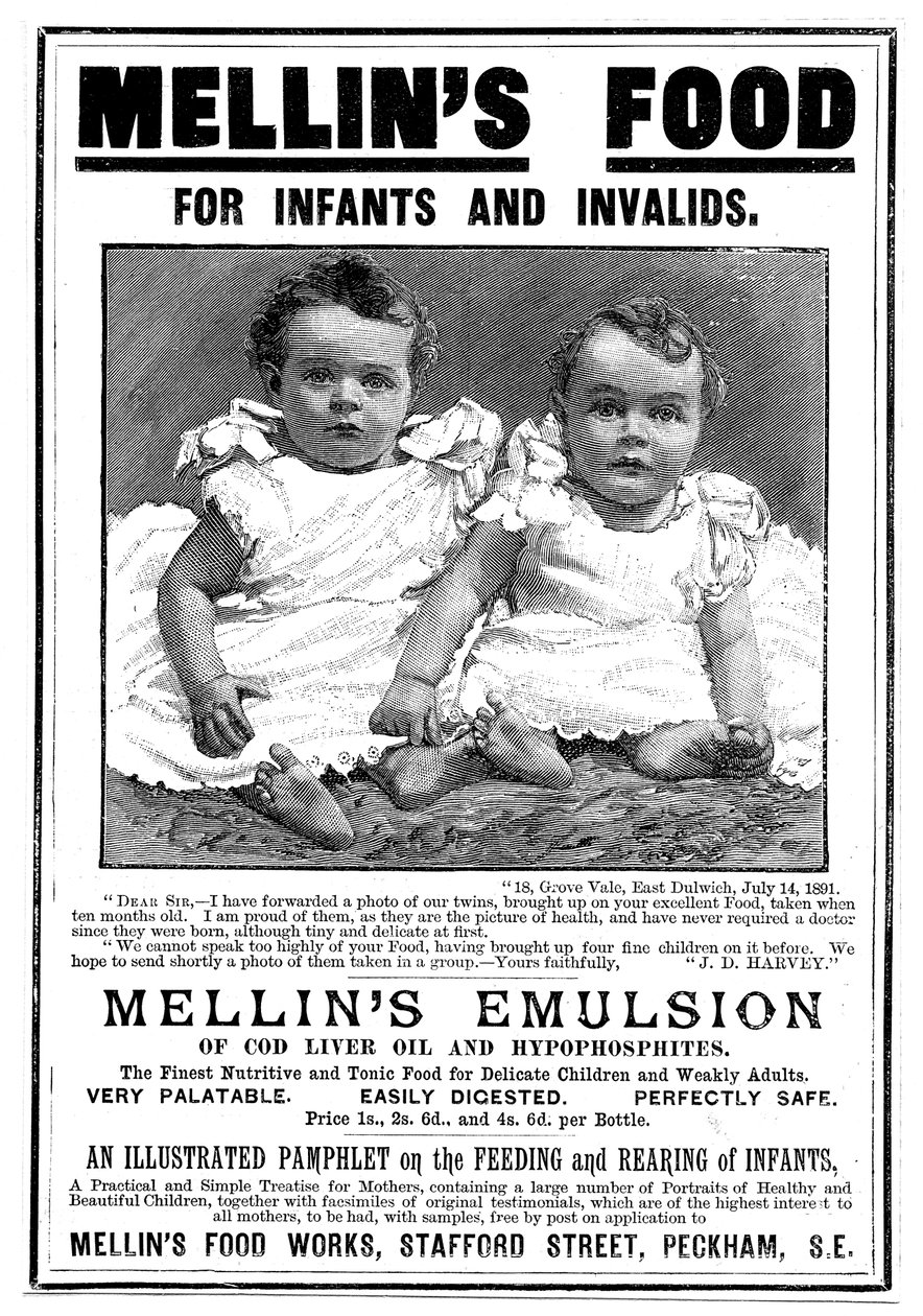 Magasinannonse for Mellins Emulsion, et kosttilskudd basert på tran, c1890 av Unbekannt