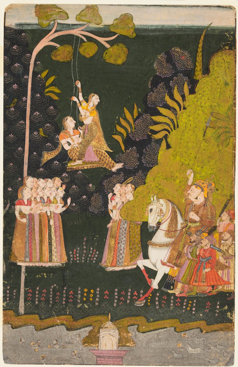 Maharaja Abhai Singh, ridesport, ser på jenter som svinger på Teej-festivalen, ca. 1740. av Unbekannt