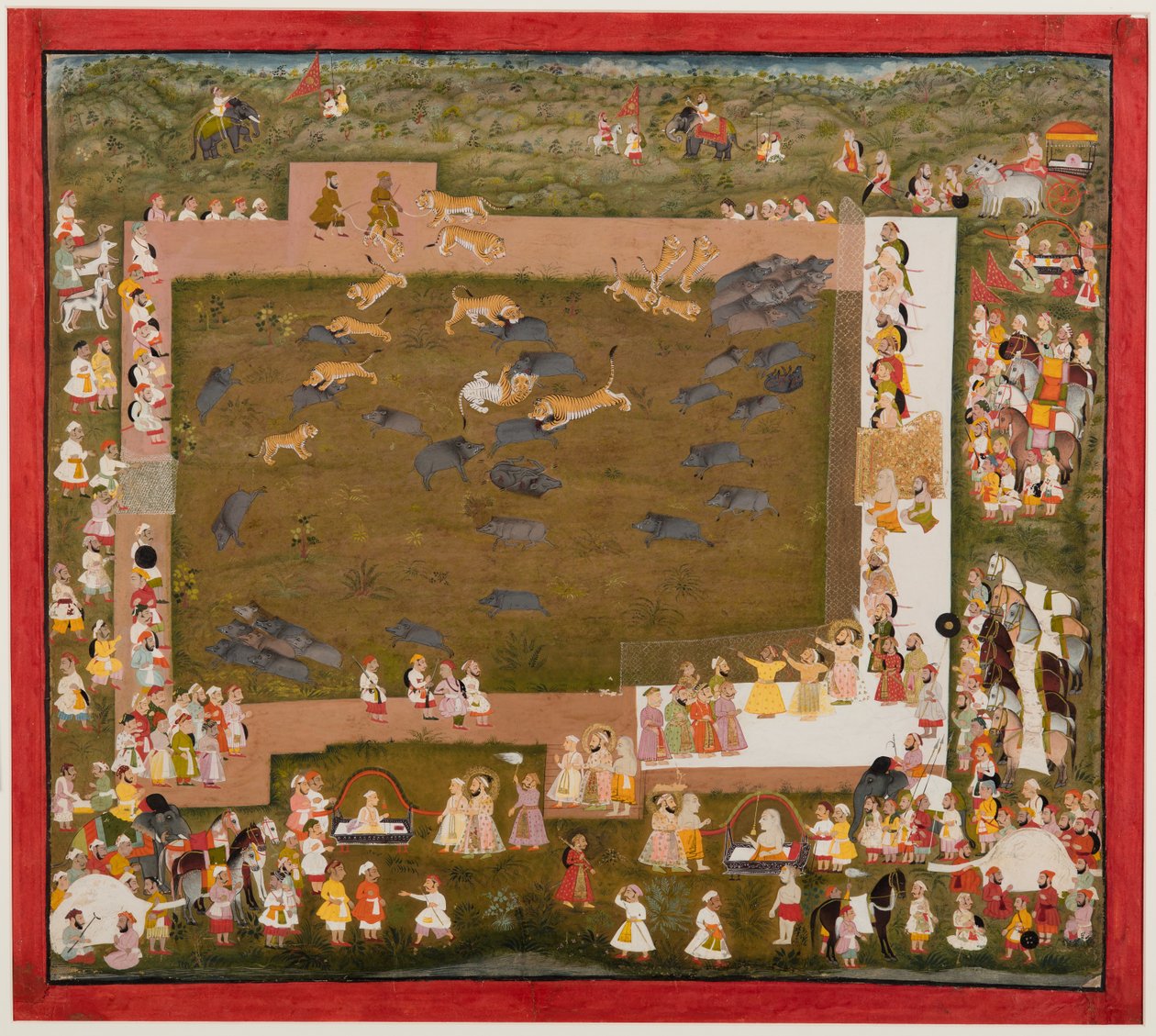 Maharaja Sangram Singh og hoffet hans observerer en kamp mellom tigre og villsvin ved Sadri, ca. 1720. av Unbekannt